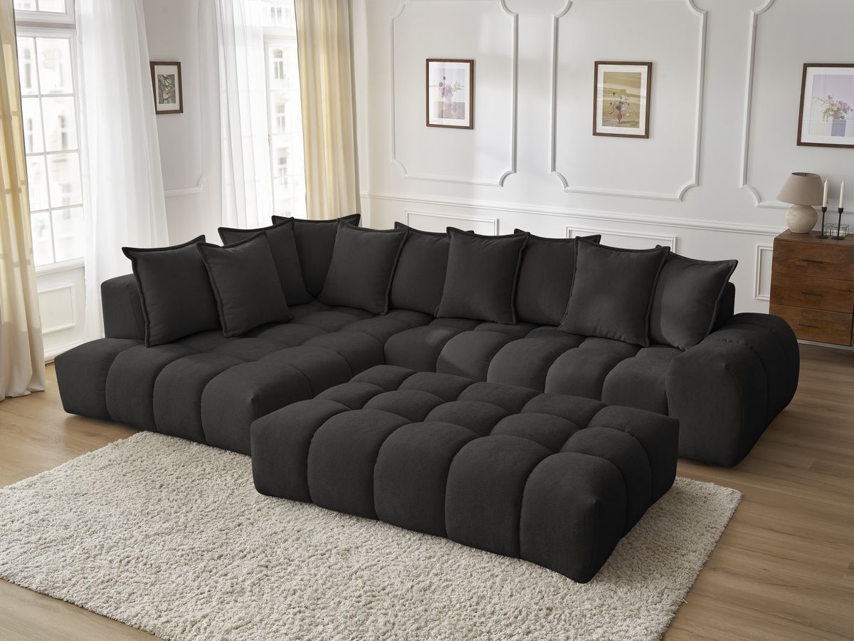 Bobochic Everest Ecksofa mit Schlaffunktion und Pouf, 10 Kissen Strukturstoff Schwarz Ecke links