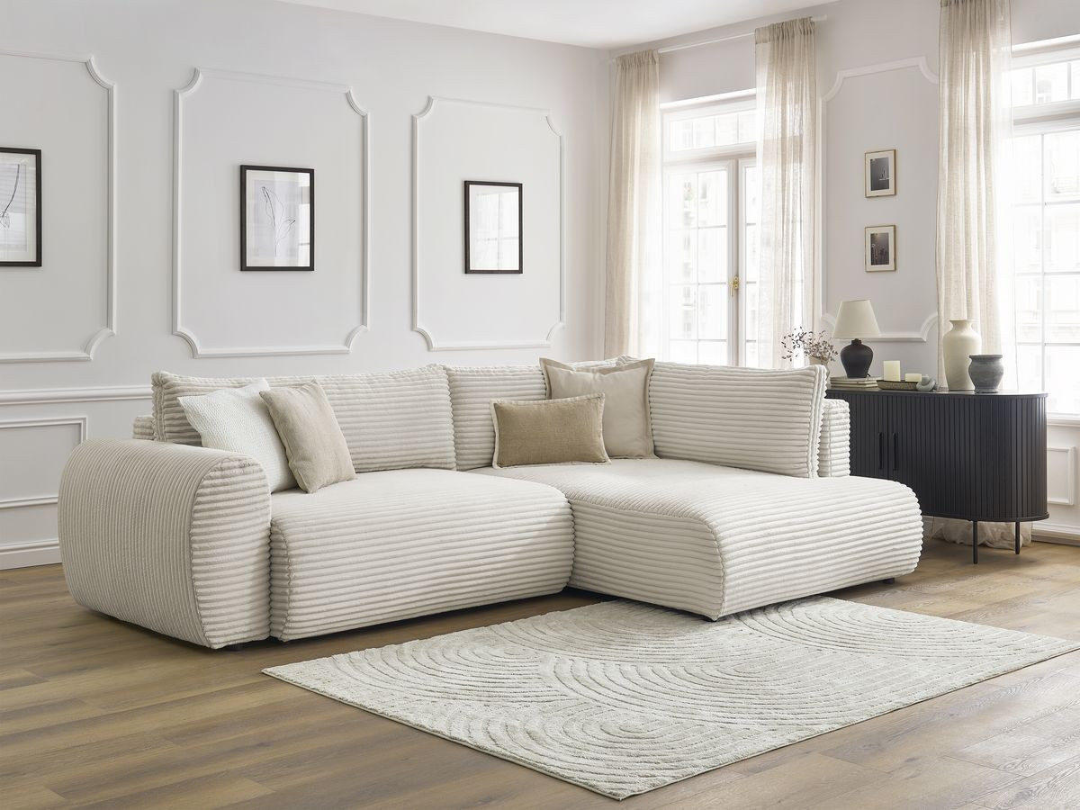 Bobochic Lucien Ecksofa mit Schlaffunktion und Bettkasten 296 × 198 cm Breitcord weich Beige Ecke rechts