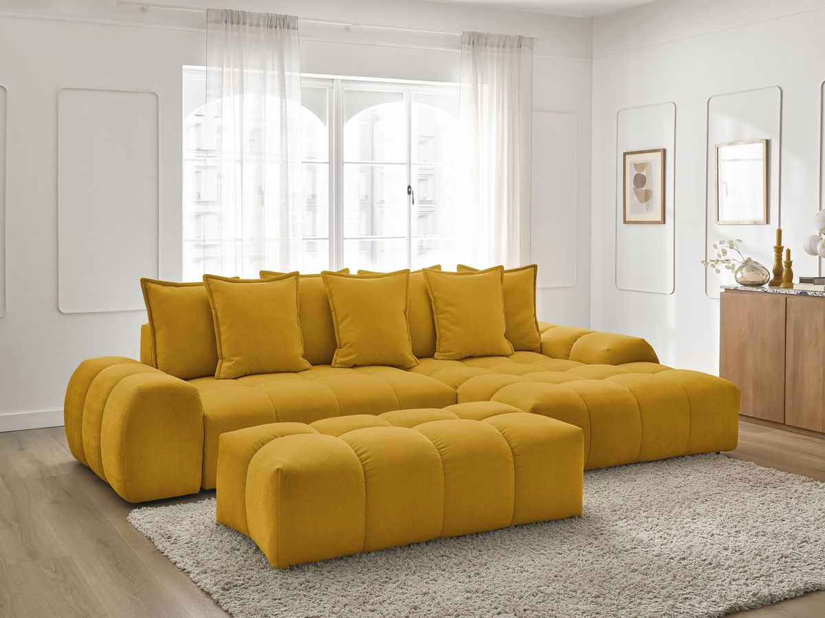 Bobochic Everest Ecksofa mit Schlaffunktion und Bettkasten und Pouf 318 × 180 cm, 7 Kissen Strukturstoff Gelb Ecke rechts