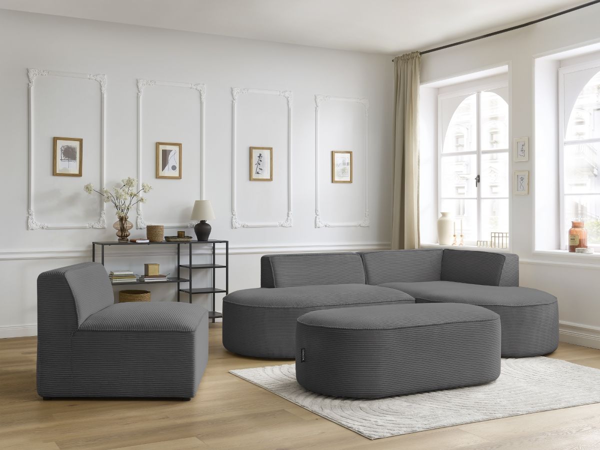 Bobochic Rousseau Ecksofa mit Sofamodul und Pouf Cordsamt Dunkelgrau Ecke rechts