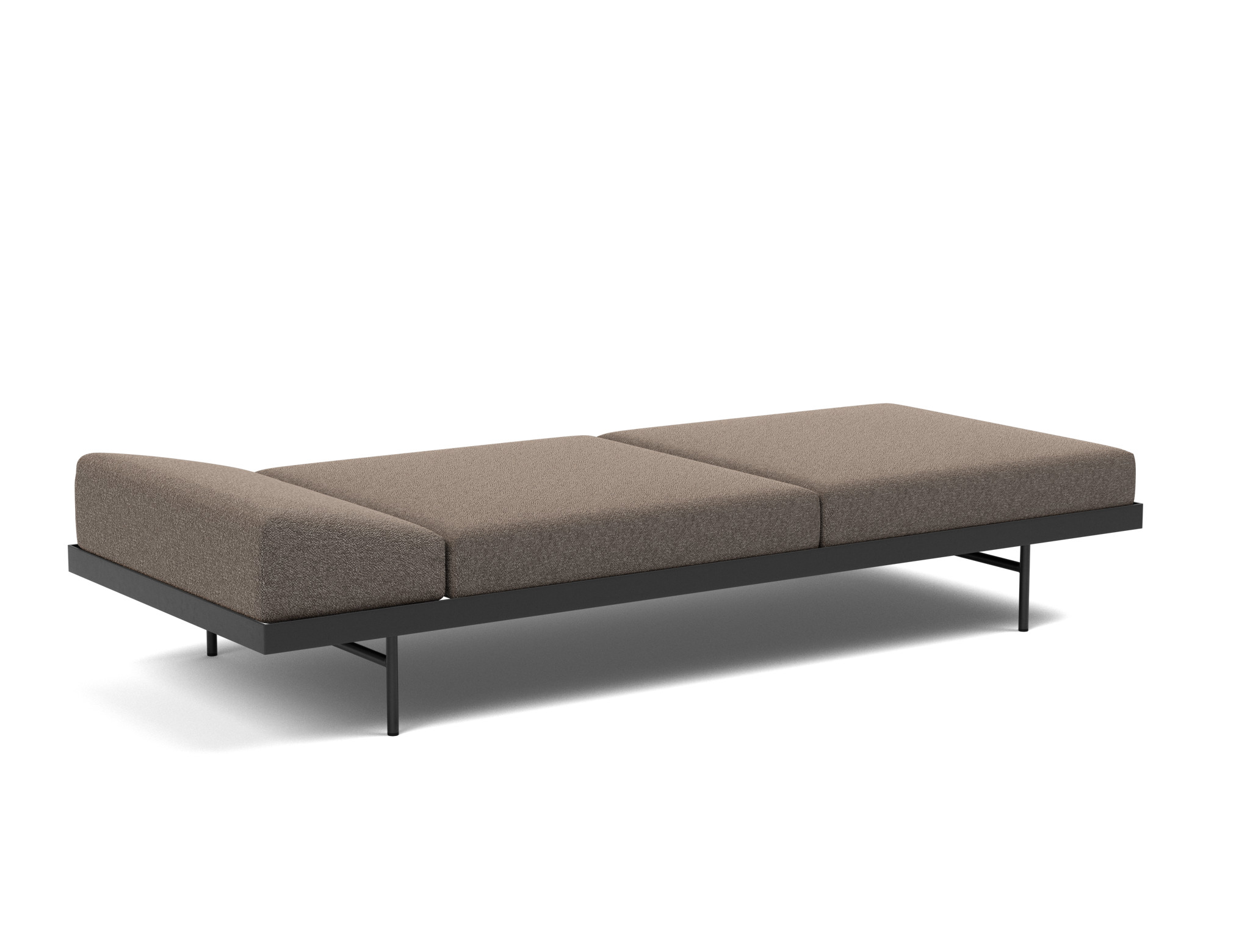 Tagesbett Puri Boucle Skandi 530-Taupe Beine mit Nussbaumtisch