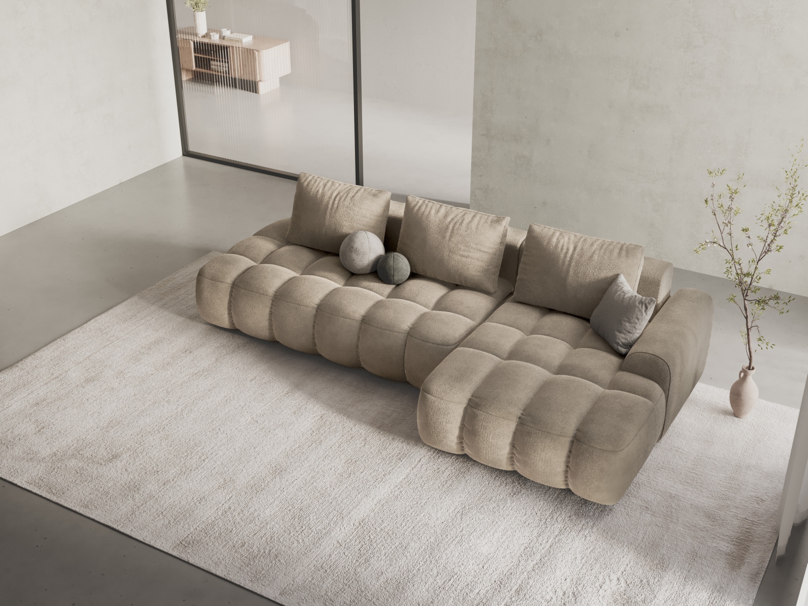 Cosmopolitan Design Ecksofa Linz 3-Sitzer offen mit Schlaffunktion Samt Vogue Helles Beige Rechts