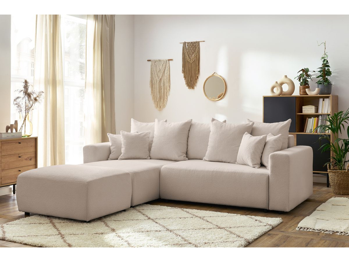 Bobochic Envy Ecksofa mit Schlaffunktion und Bettkasten und rechteckigem Pouf Bouclé-Stoff Beige