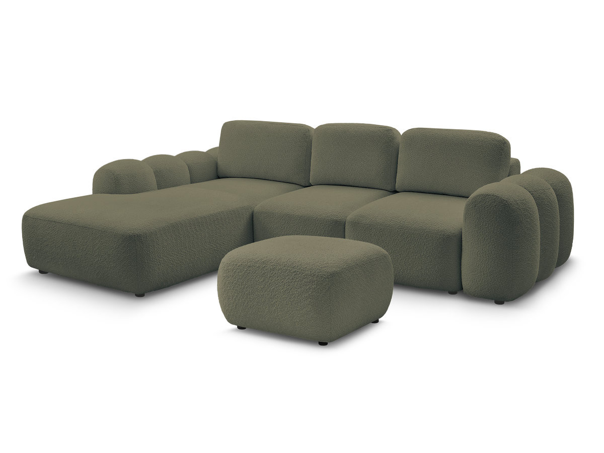 Bobochic Montaigne Ecksofa mit Schlaffunktion und Bettkasten und Pouf 288 × 196 cm Bouclé-Stoff Grün Ecke links