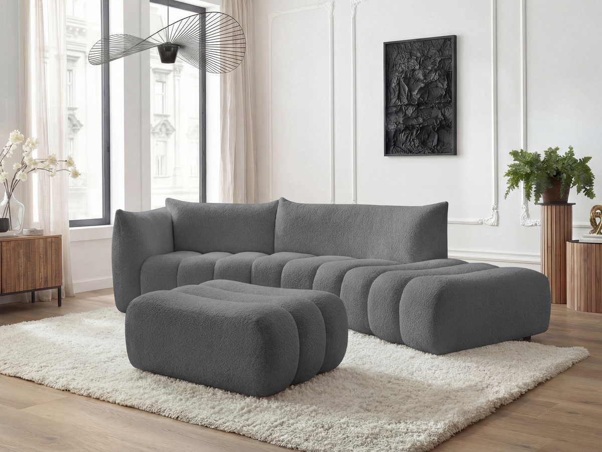 Bobochic Azra Ecksofa mit Pouf 325 × 112 cm Bouclé-Stoff Dunkelgrau Ecke links