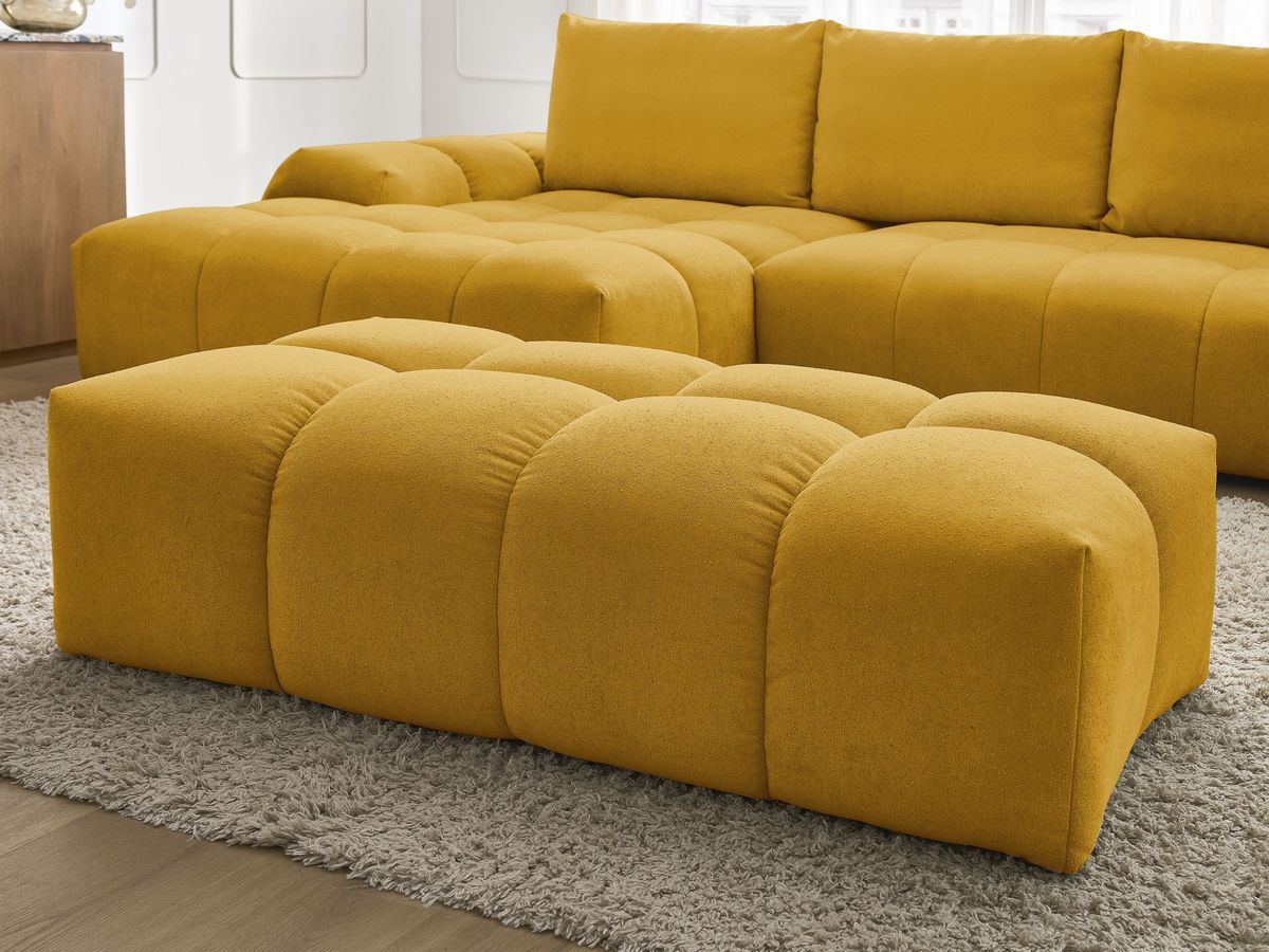 Bobochic Everest Ecksofa mit Schlaffunktion und Bettkasten und Pouf 318 × 180 cm, 3 Kissen Strukturstoff Gelb Ecke links