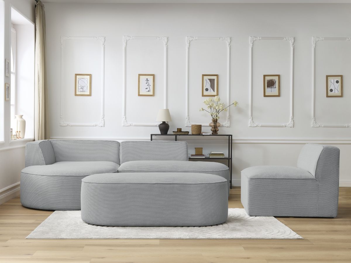 Bobochic Rousseau Ecksofa mit Sofamodul und Pouf Cordsamt Hellgrau Ecke links