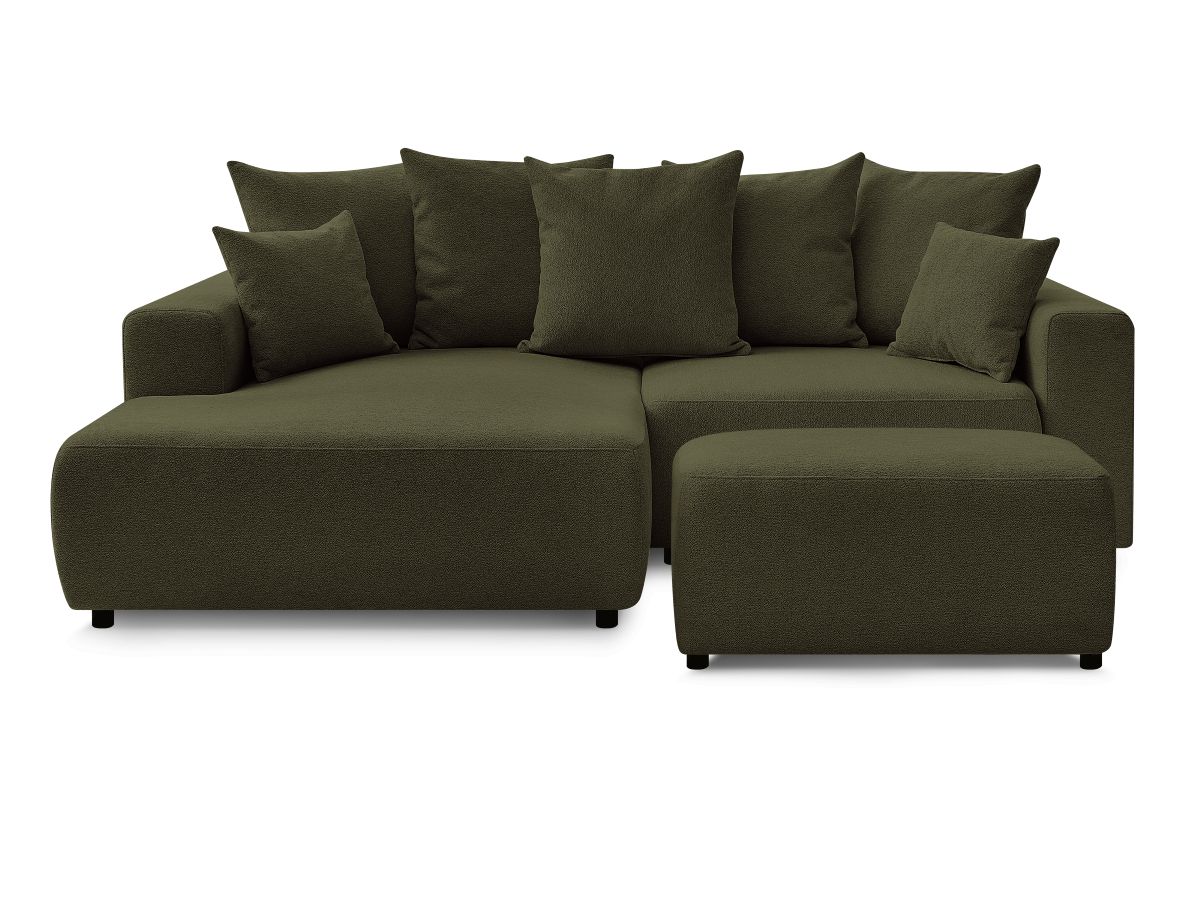 Bobochic Atilla Ecksofa mit Schlaffunktion und Bettkasten und Pouf Melange-Stoff Grün Ecke links