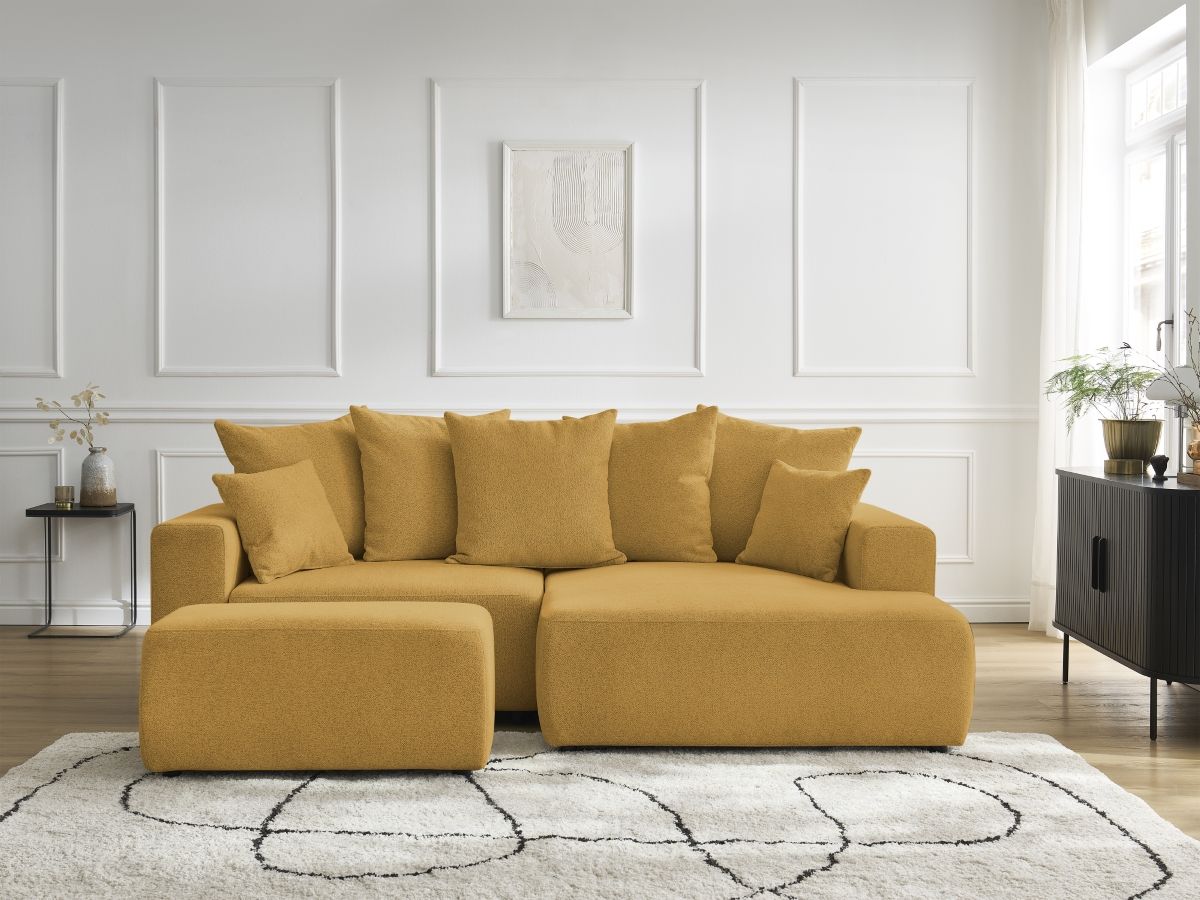 Bobochic Atilla Ecksofa mit Schlaffunktion und Bettkasten und Pouf Melange-Stoff Gelb Ecke rechts