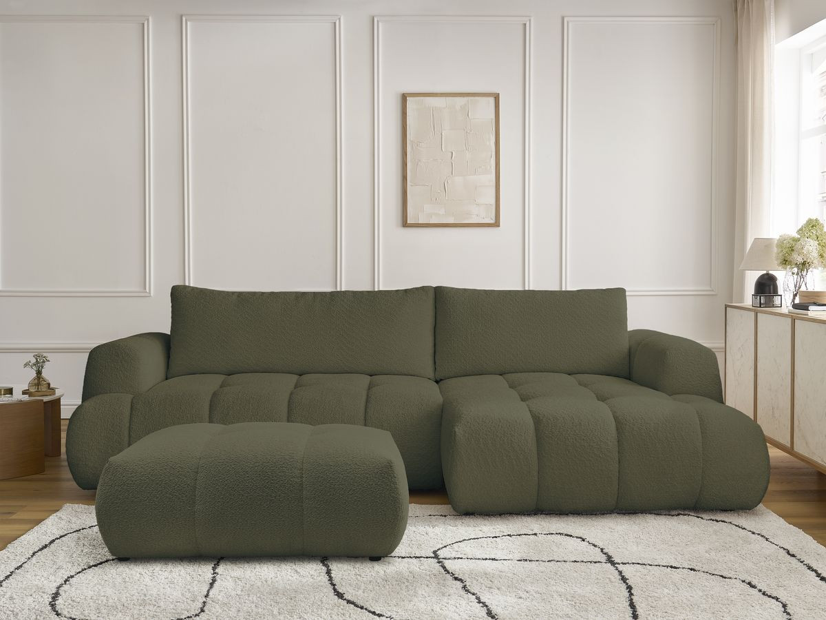 Bobochic Fuji Ecksofa mit Schlaffunktion und Bettkasten und Pouf 292 × 160 cm Bouclé-Stoff Grün Ecke rechts