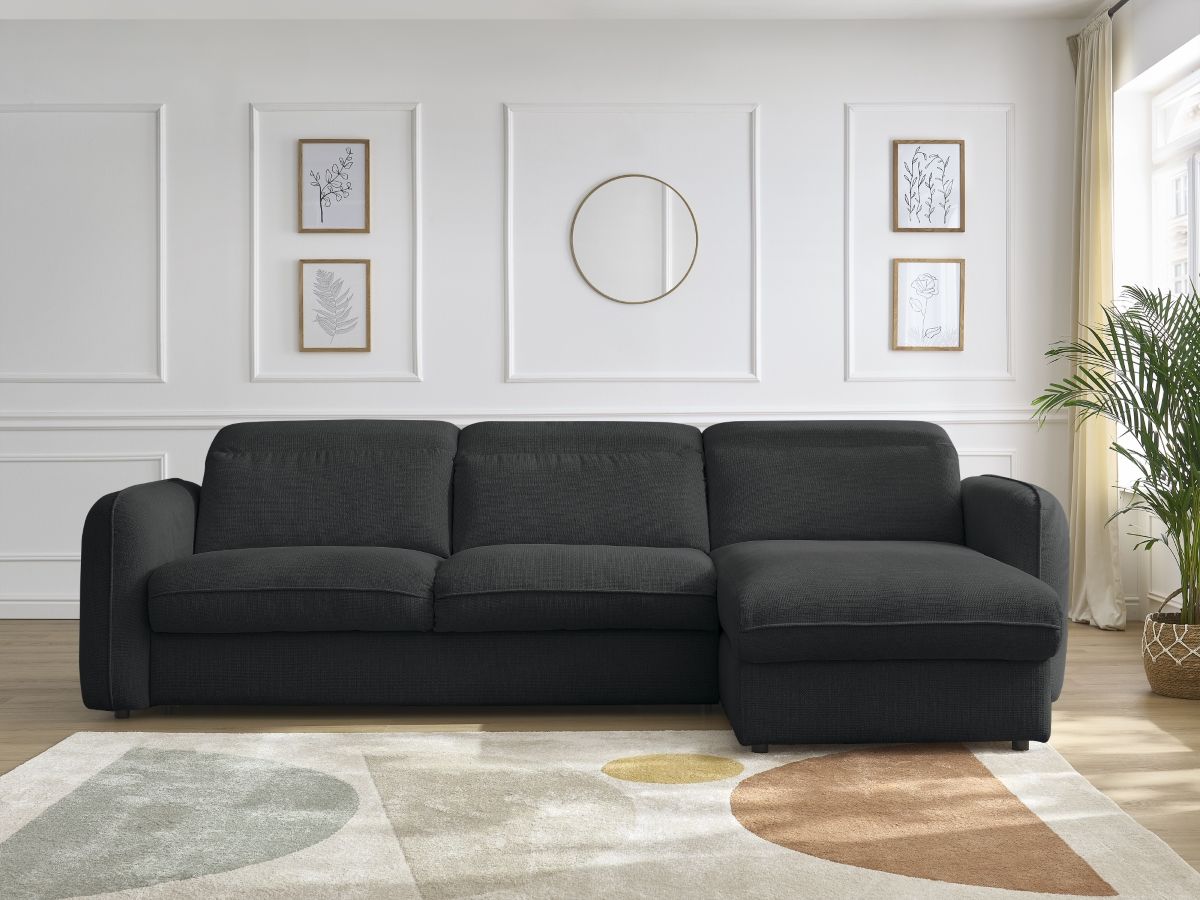 Bobochic Achille Ecksofa mit Schlaffunktion und Bettkasten Melange-Stoff Schwarz, Liegefläche 140 × 200 cm