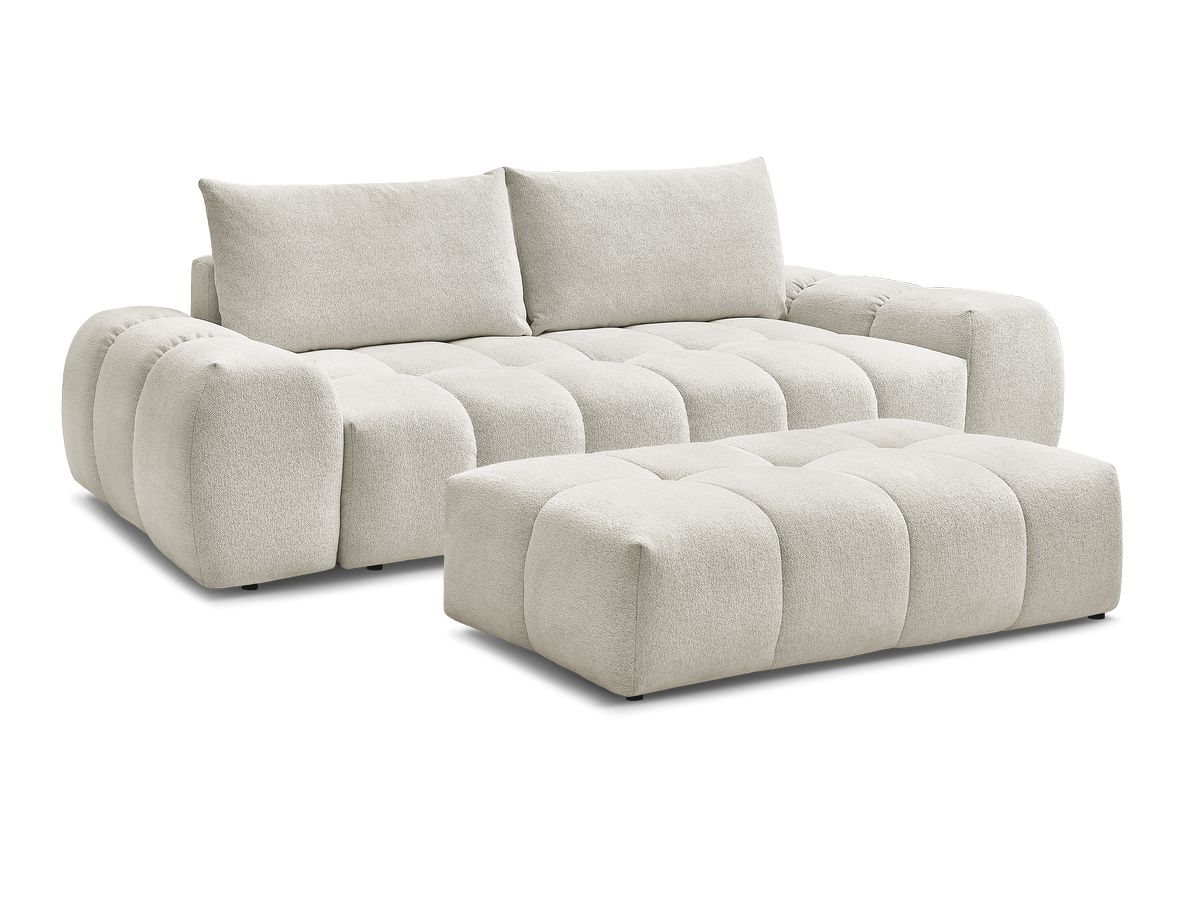 Bobochic Everest Schlafsofa 3-Sitzer mit Bettkasten und Pouf, 2 Kissen Melange-Stoff Weiß