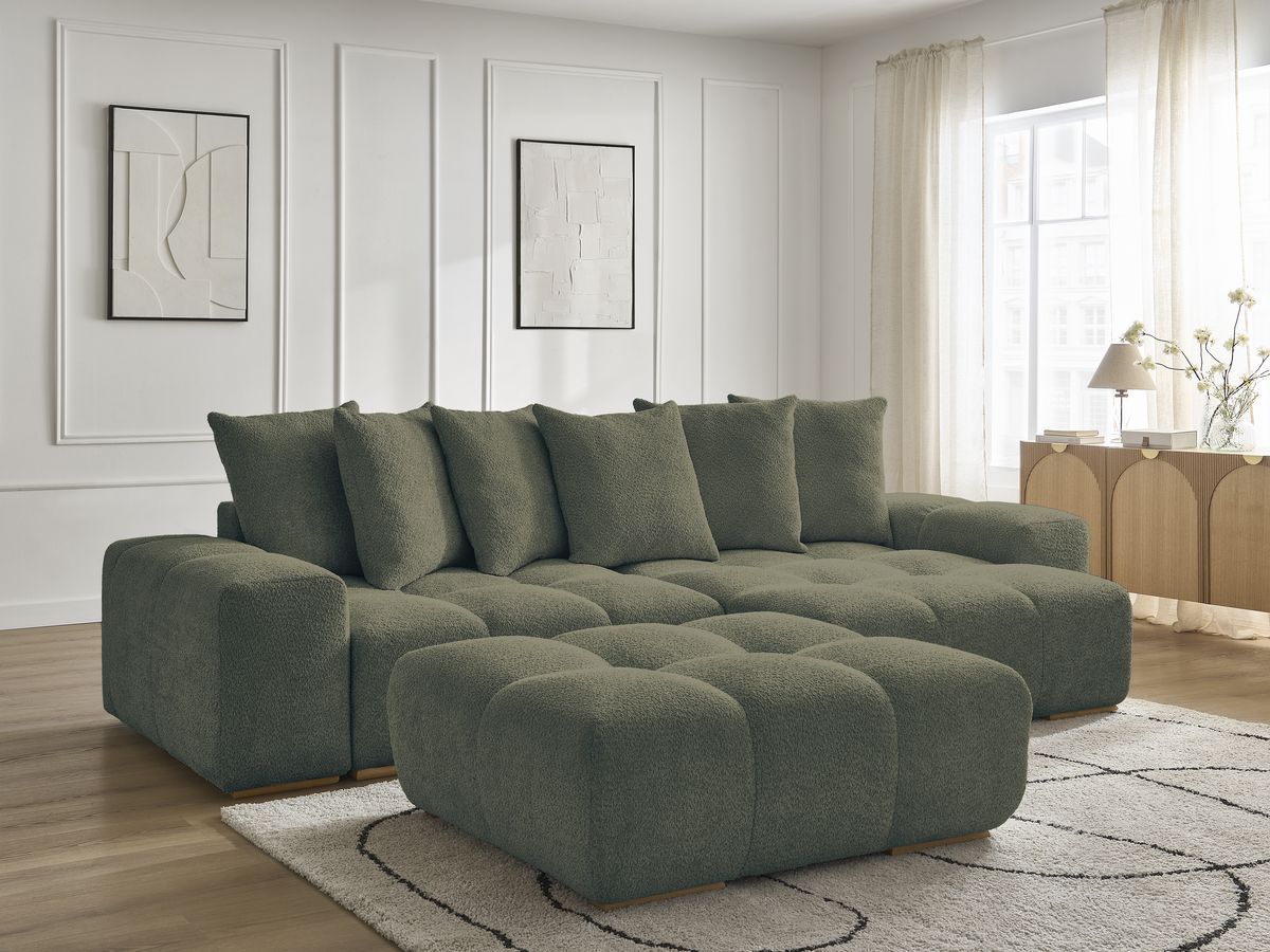 Bobochic Anakin Ecksofa mit Schlaffunktion und Bettkasten und Pouf, 6 Kissen Bouclé-Stoff Grün
