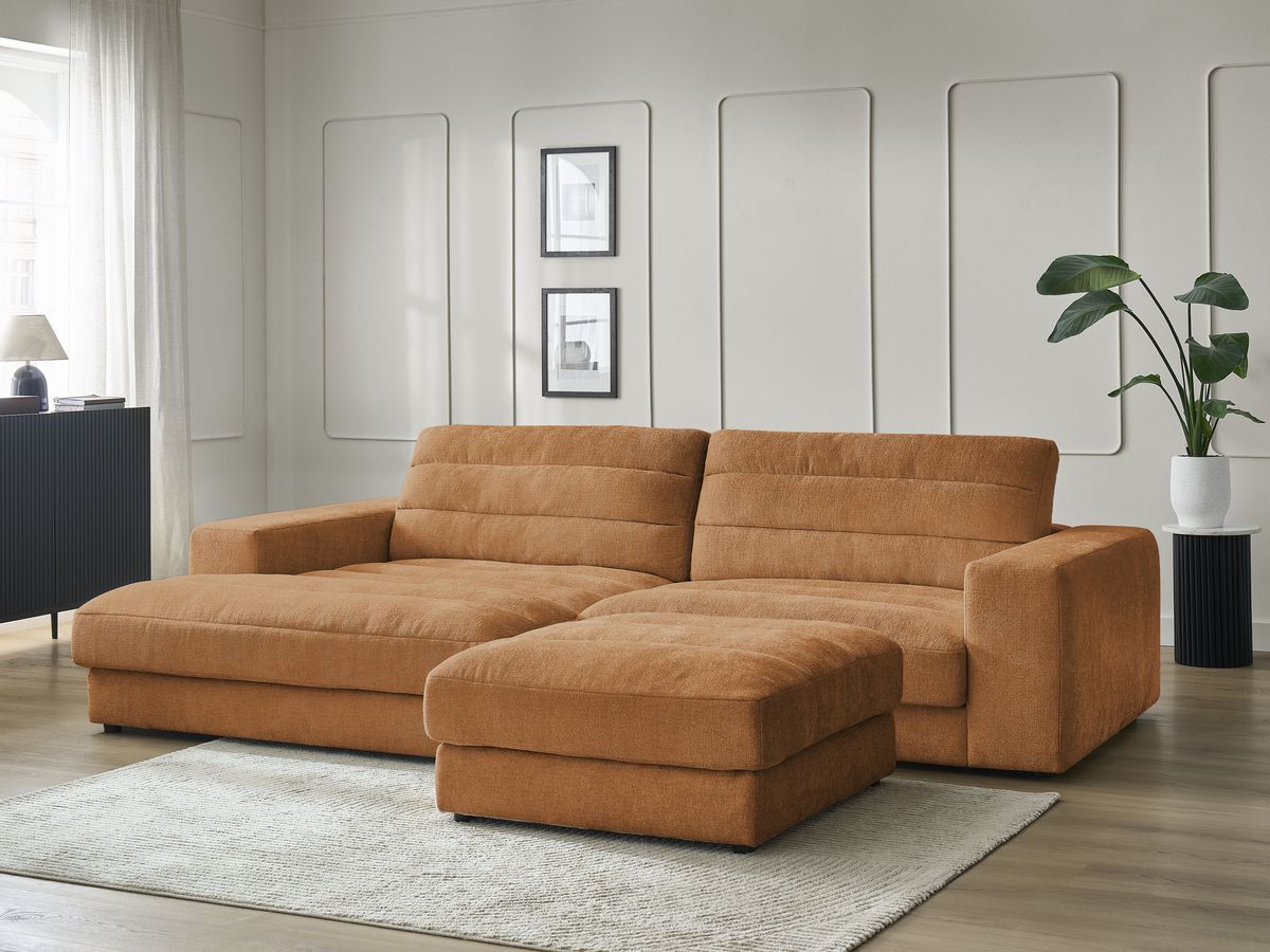 Bobochic Sierra Ecksofa mit Pouf Strukturstoff Orange Ecke links