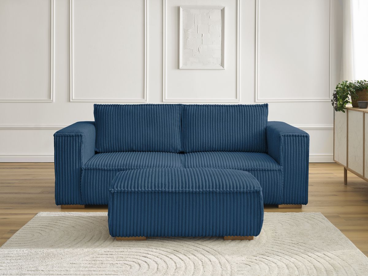 Bobochic Chelsea Sofa 3-Sitzer mit Pouf Breitcord weich Dunkelblau