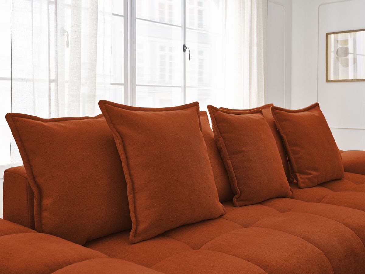 Bobochic Everest Ecksofa mit Schlaffunktion und Bettkasten und Pouf 318 × 180 cm, 7 Kissen Strukturstoff Orange Ecke rechts