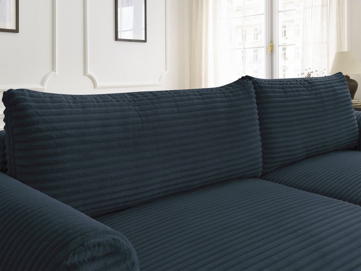 Bobochic Lucien Ecksofa mit Schlaffunktion und Bettkasten und Pouf 314 × 167 cm Breitcord weich Dunkelblau Ecke rechts