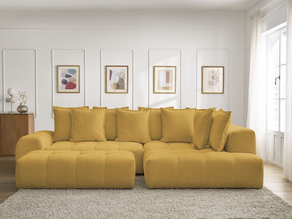 Bobochic Everest Ecksofa mit Schlaffunktion und Bettkasten und Pouf 320 × 212 cm, 10 Kissen Melange-Stoff Gelb Ecke rechts
