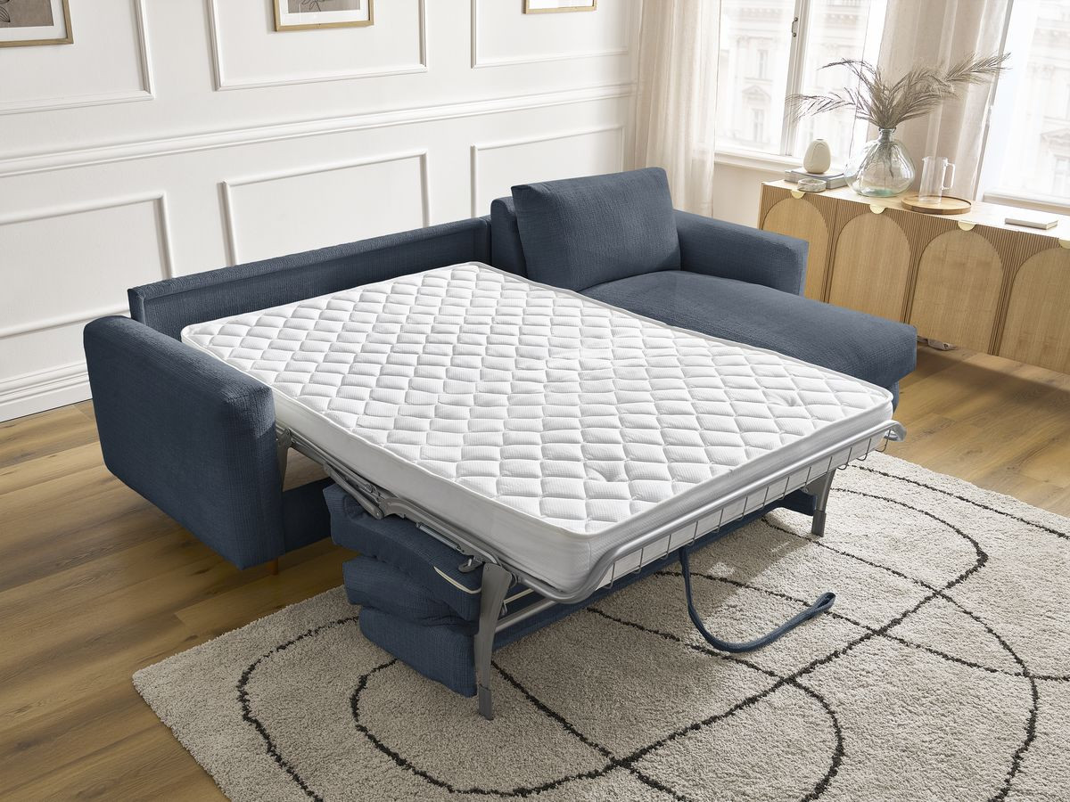 Bobochic Cocoone Ecksofa mit Schlaffunktion und Bettkasten Strukturstoff Dunkelblau, Liegefläche 160 × 200 cm