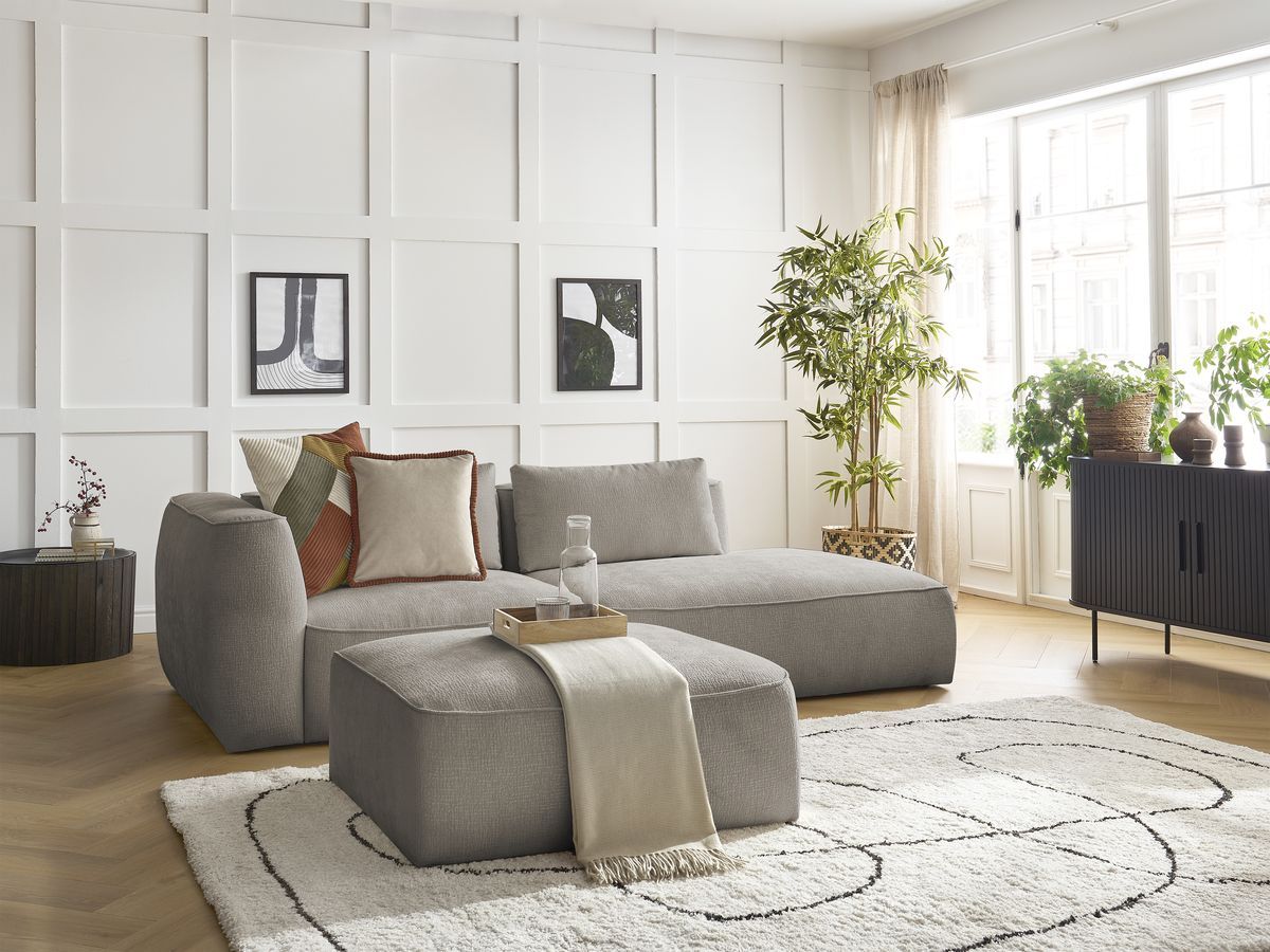 Bobochic Leopold Sofa 4-Sitzer mit Pouf Strukturstoff Taupe Armlehne links