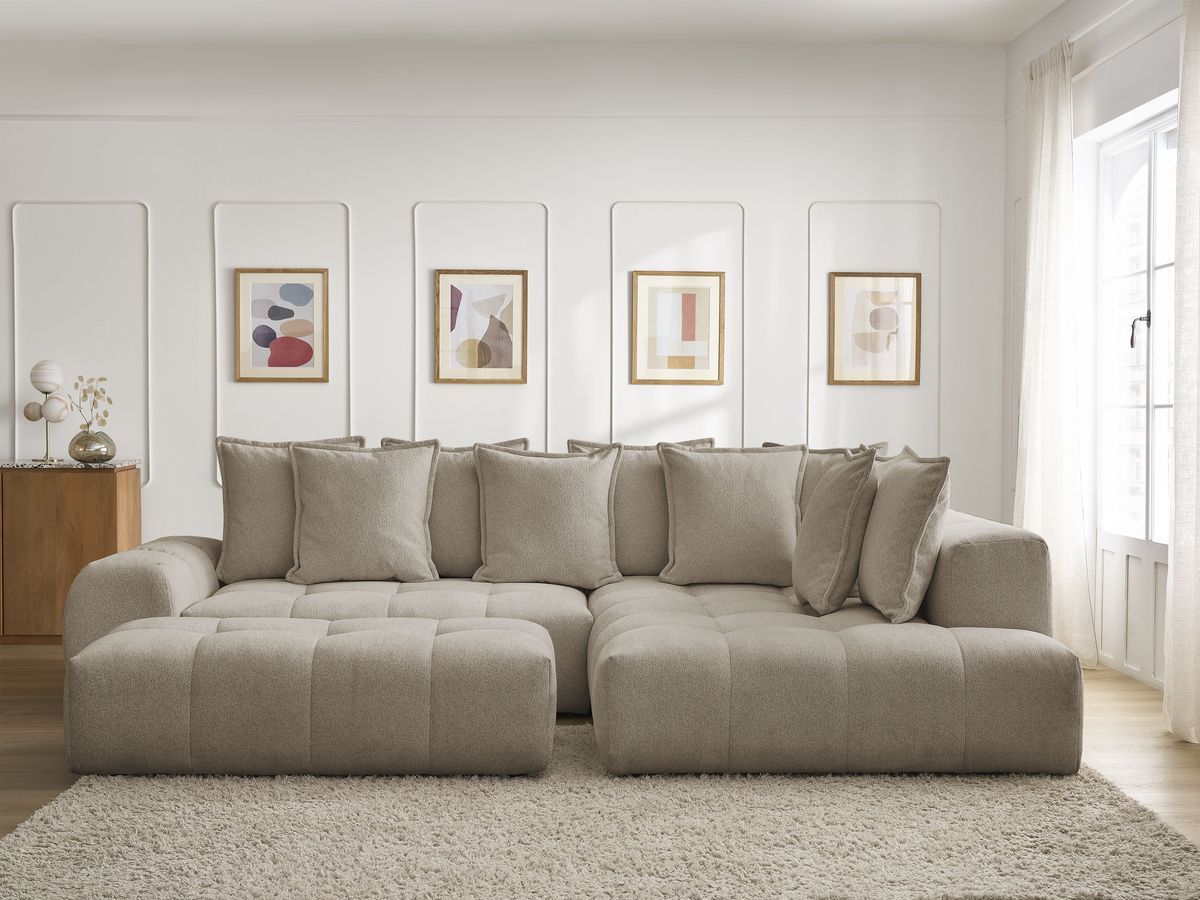 Bobochic Everest Ecksofa mit Schlaffunktion und Bettkasten und Pouf 320 × 212 cm, 10 Kissen Melange-Stoff Taupe Ecke rechts
