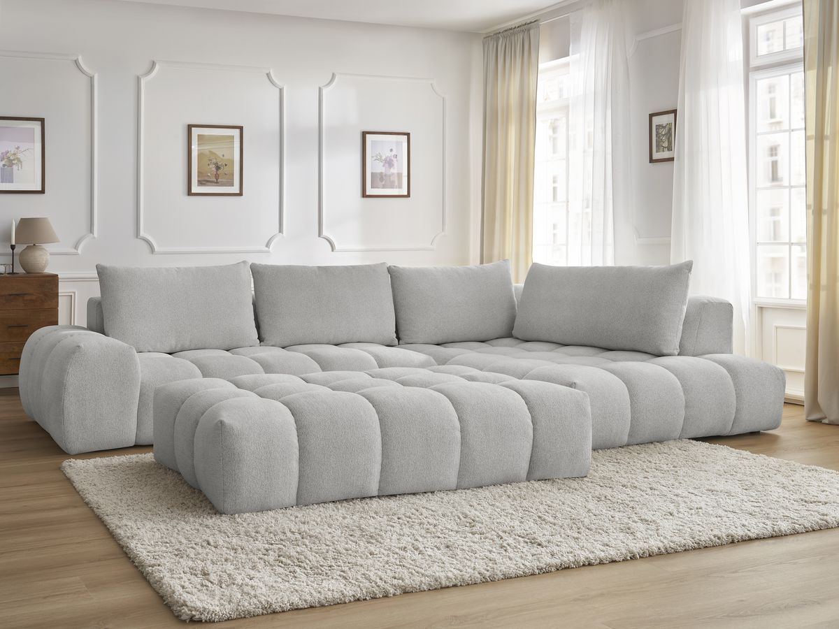 Bobochic Everest Ecksofa mit Schlaffunktion und Pouf, 4 Kissen Melange-Stoff Hellgrau Ecke rechts