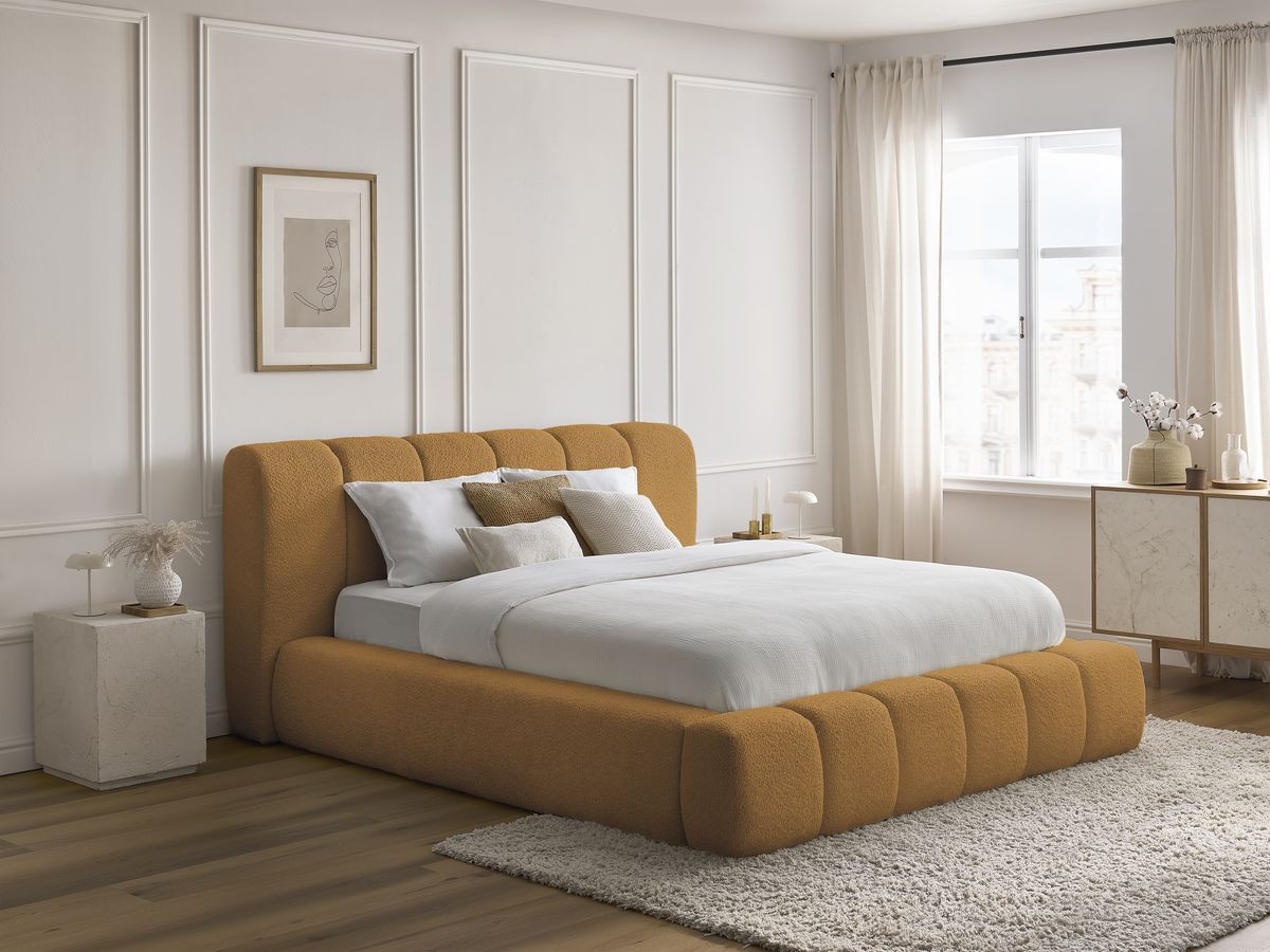 Bobochic Denali Polsterbett mit Bettkasten Bouclé-Stoff Gelb, Liegefläche 140 × 190 cm