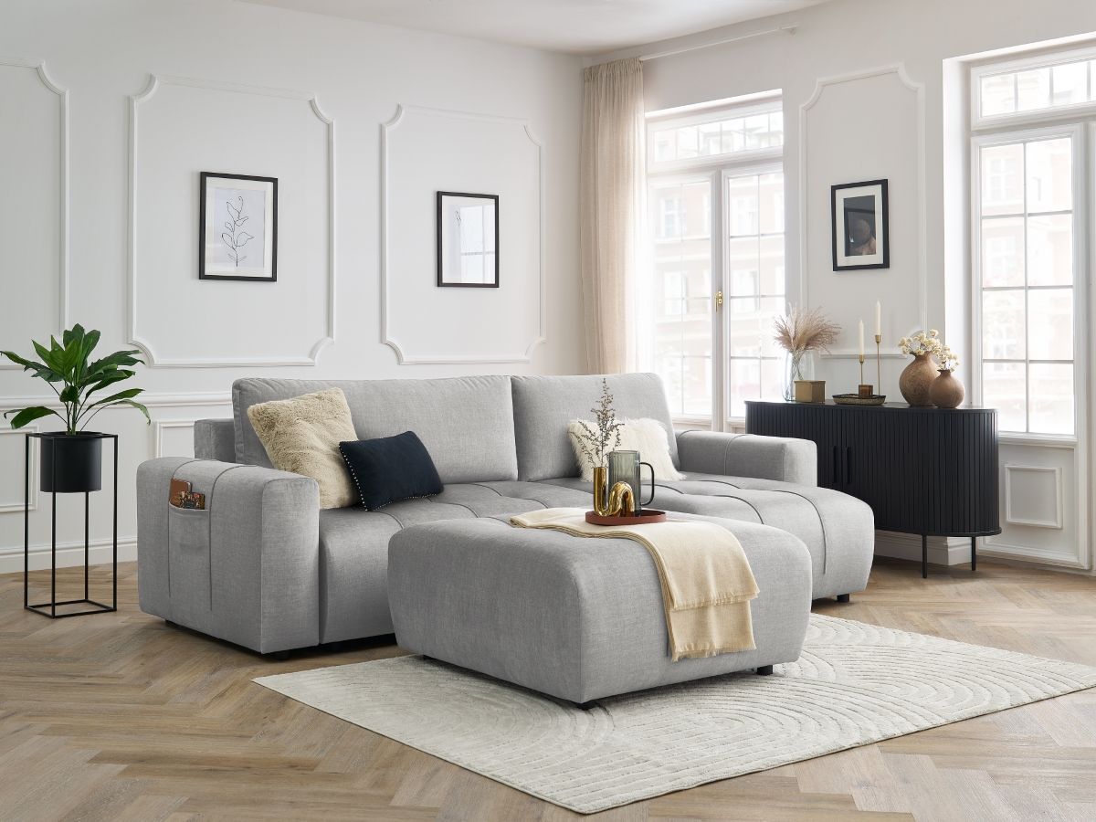 Bobochic Arsene Ecksofa mit Schlaffunktion und Bettkasten und Pouf 288 × 148 cm Samt Hellgrau