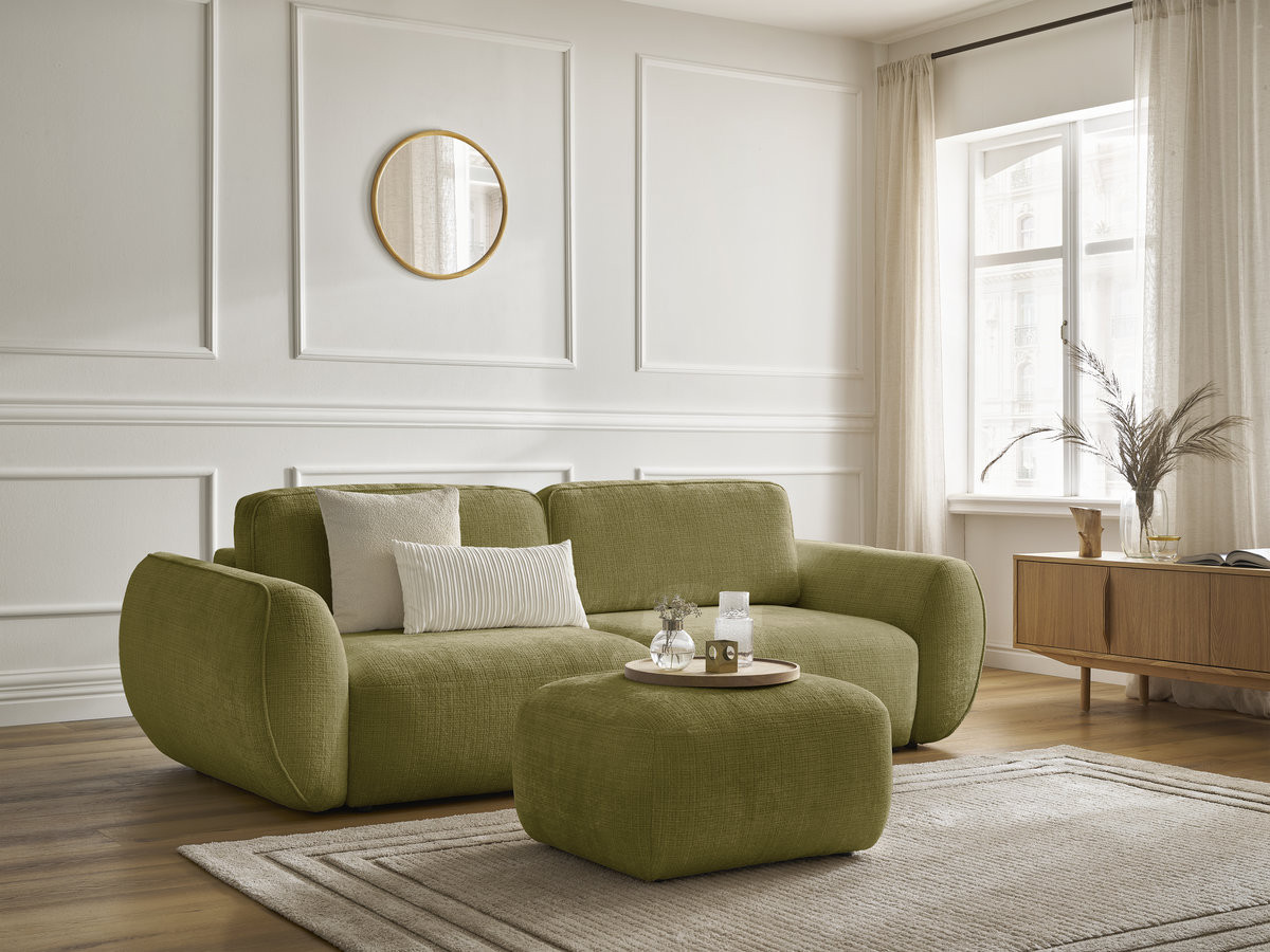 Bobochic Denise Schlafsofa 3-Sitzer mit Bettkasten und Pouf Strukturstoff Grün