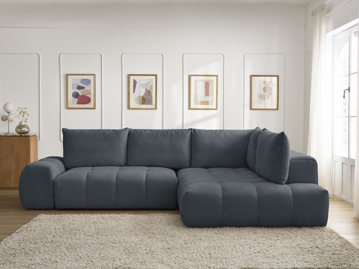 Bobochic Everest Ecksofa mit Schlaffunktion und Bettkasten 320 × 212 cm, 5 Kissen Strukturstoff Dunkelblau Ecke rechts