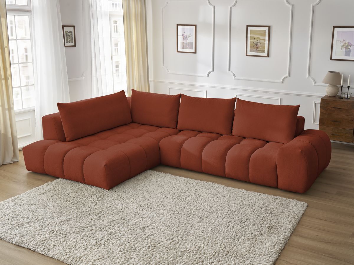 Bobochic Everest Ecksofa, 4 Kissen Strukturstoff Orange Ecke links