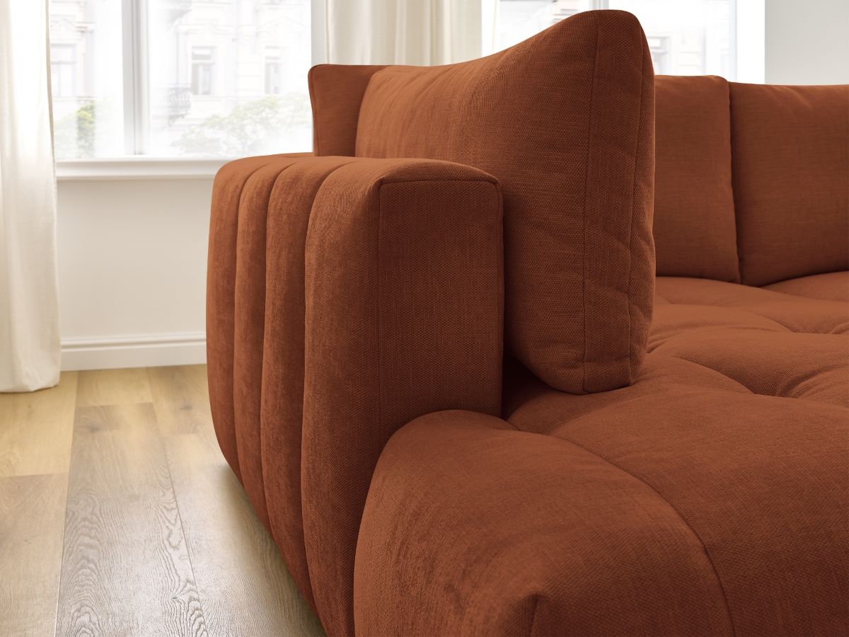 Bobochic Fuji Ecksofa mit Schlaffunktion und Bettkasten und Pouf 282 × 204 cm Stoff Orange Ecke links
