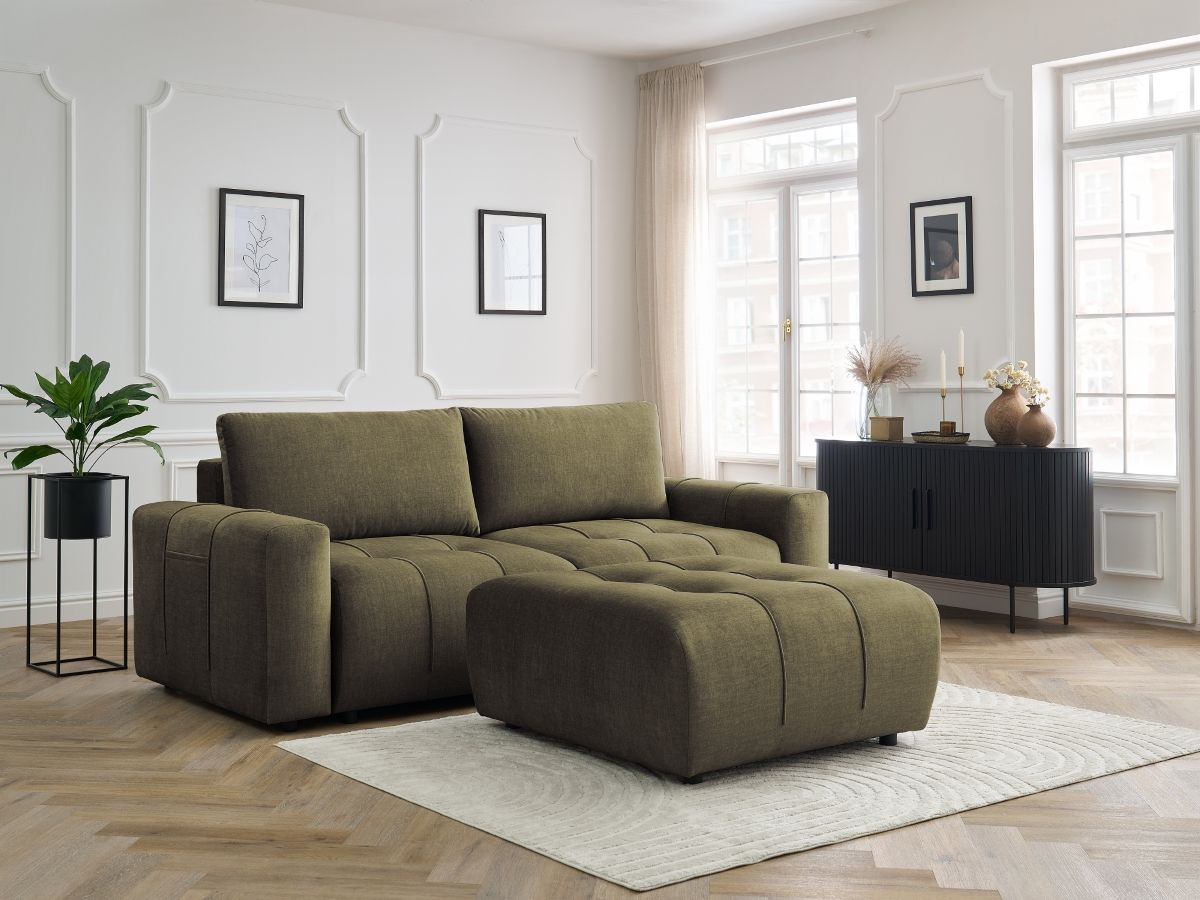 Bobochic Arsene Schlafsofa 4-Sitzer mit Bettkasten und Pouf Samt Grün