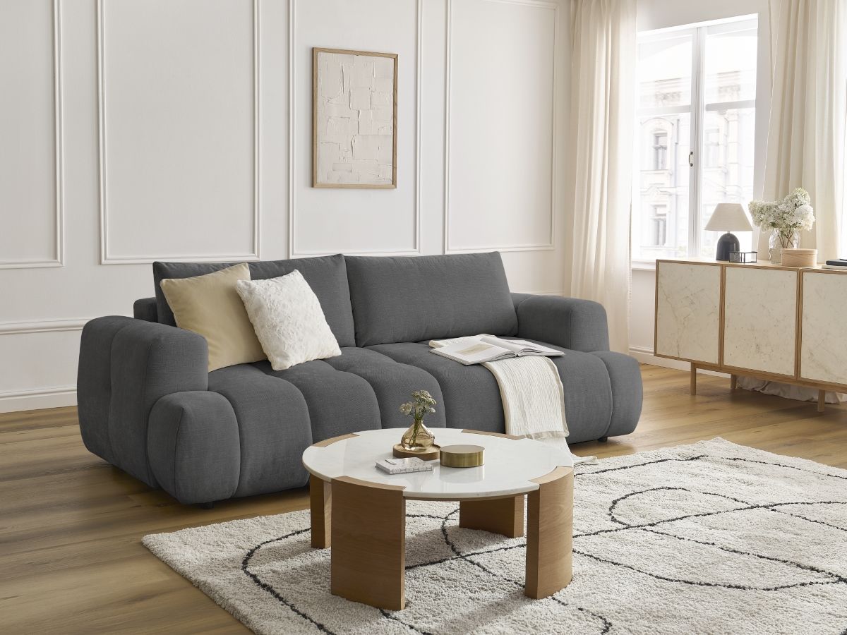 Bobochic Fuji Schlafsofa 3-Sitzer mit Bettkasten Stoff Dunkelgrau