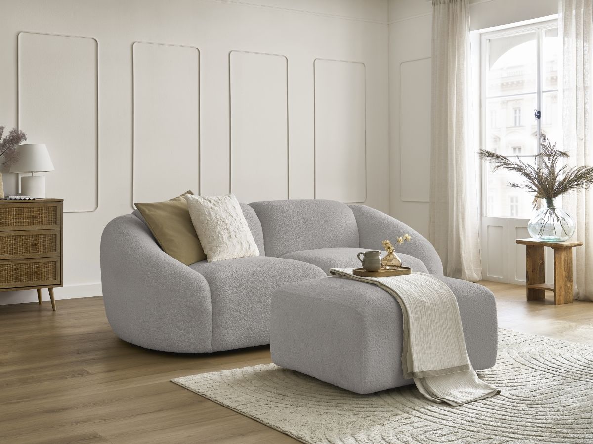 Bobochic Tina Sofa 3-Sitzer mit Pouf Bouclé-Stoff Hellgrau