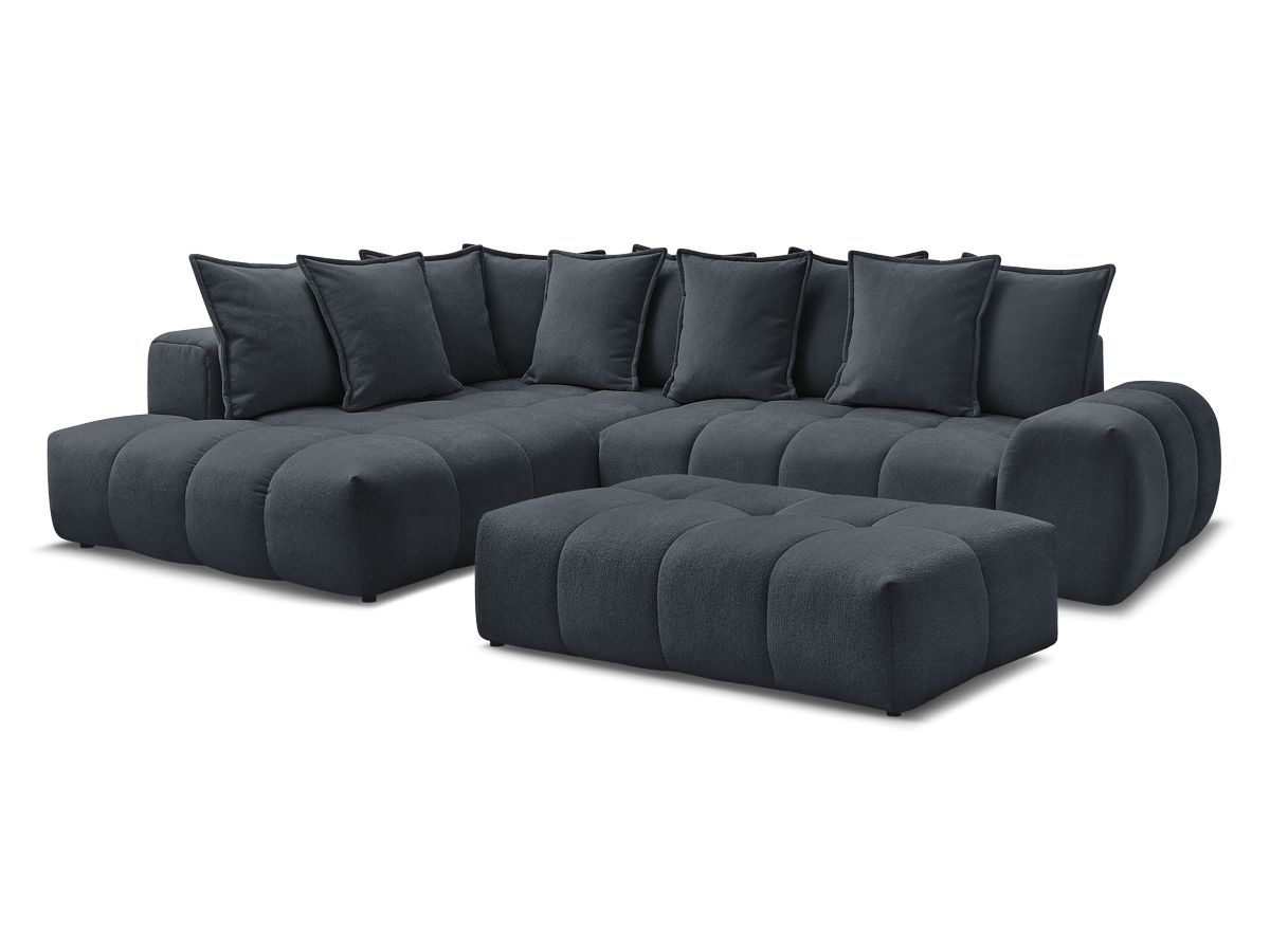 Bobochic Everest Ecksofa mit Schlaffunktion und Bettkasten und Pouf 320 × 212 cm, 10 Kissen Strukturstoff Dunkelblau Ecke links