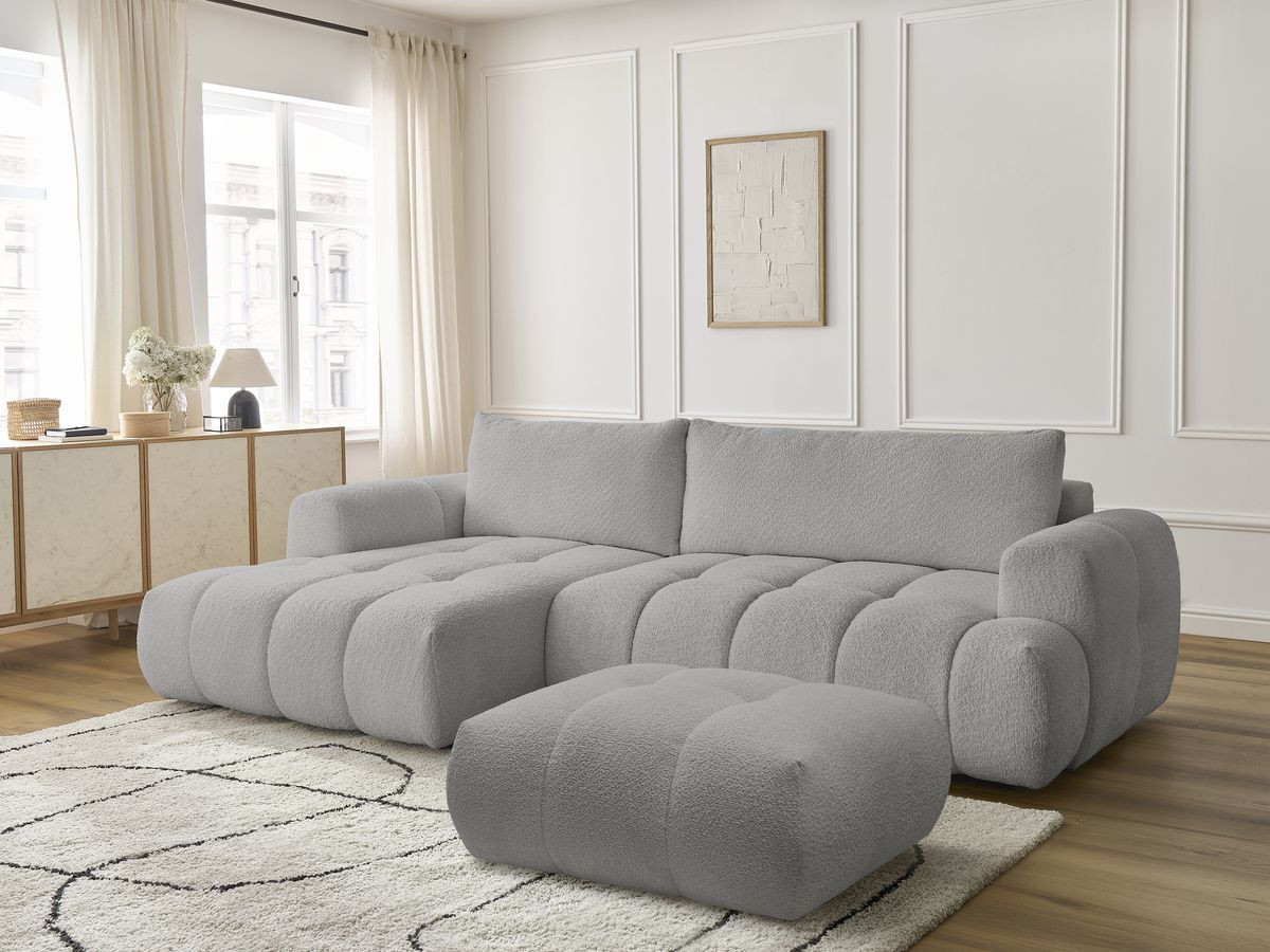Bobochic Fuji Ecksofa mit Schlaffunktion und Bettkasten und Pouf 292 × 160 cm Bouclé-Stoff Hellgrau Ecke links