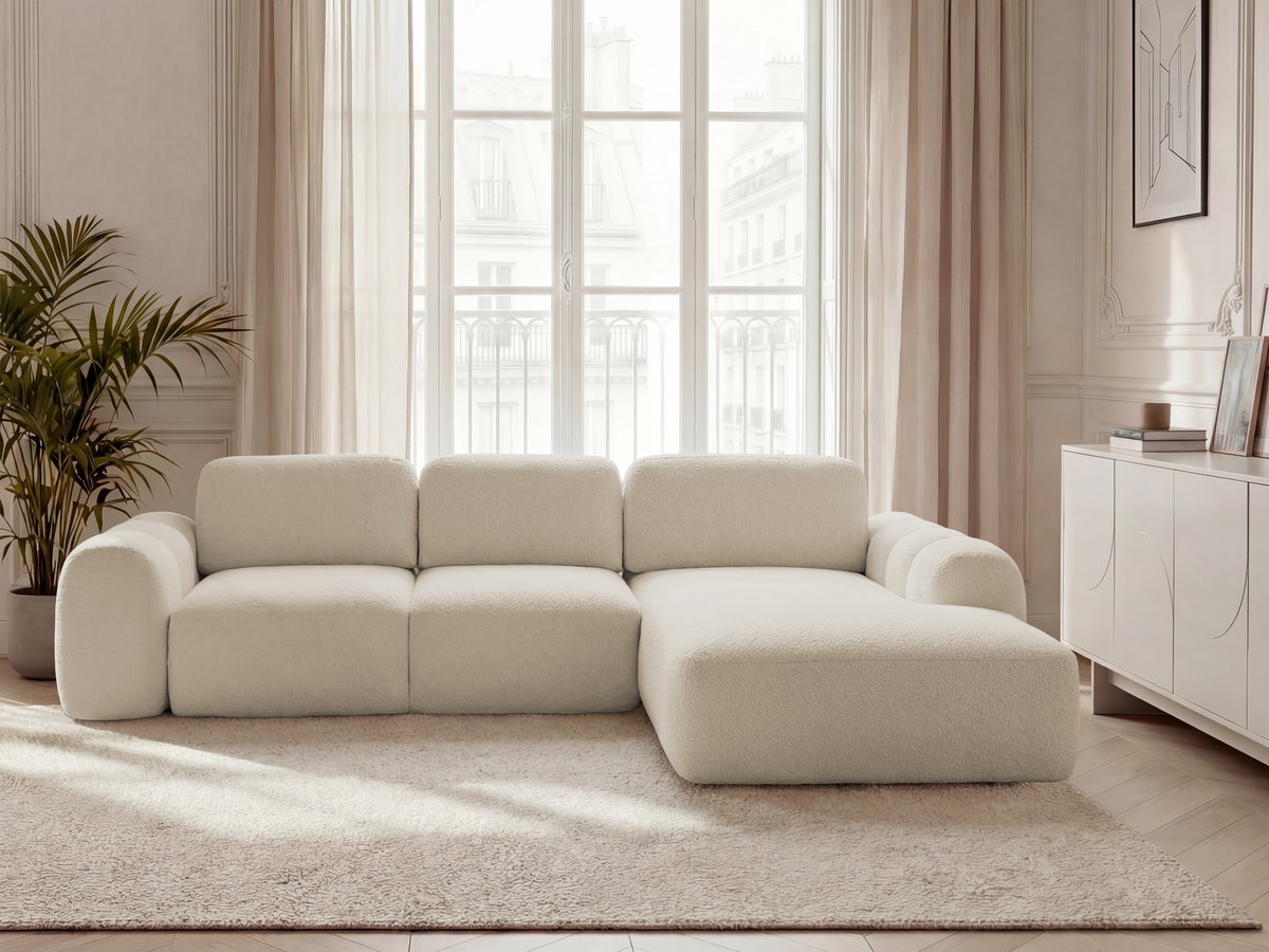 Bobochic Montaigne Ecksofa mit Schlaffunktion und Bettkasten 288 × 196 cm Bouclé-Stoff Beige Ecke rechts