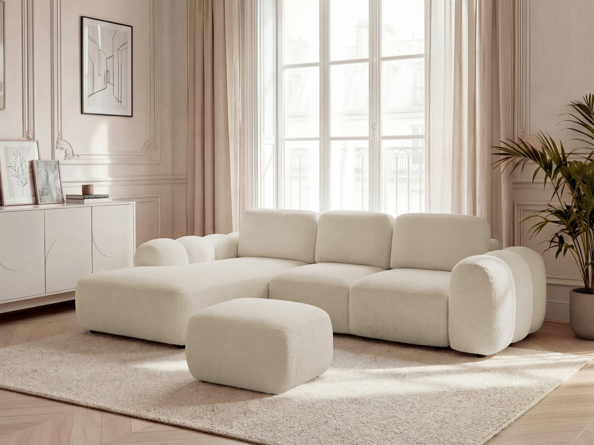 Bobochic Montaigne Ecksofa mit Schlaffunktion und Bettkasten und Pouf 288 × 196 cm Bouclé-Stoff Beige Ecke links