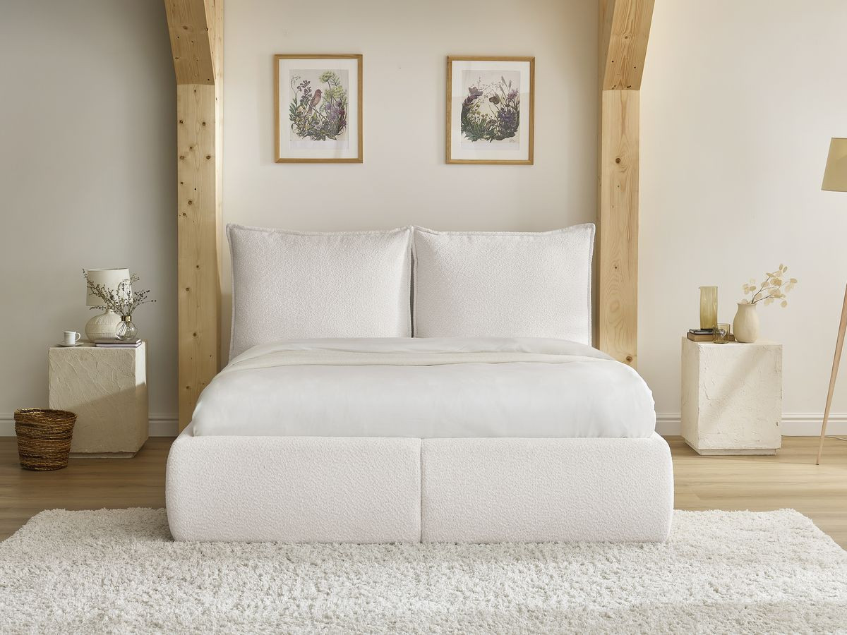 Bobochic Garance Polsterbett mit Bettkasten Bouclé-Stoff Weiß, Liegefläche 140 × 190 cm