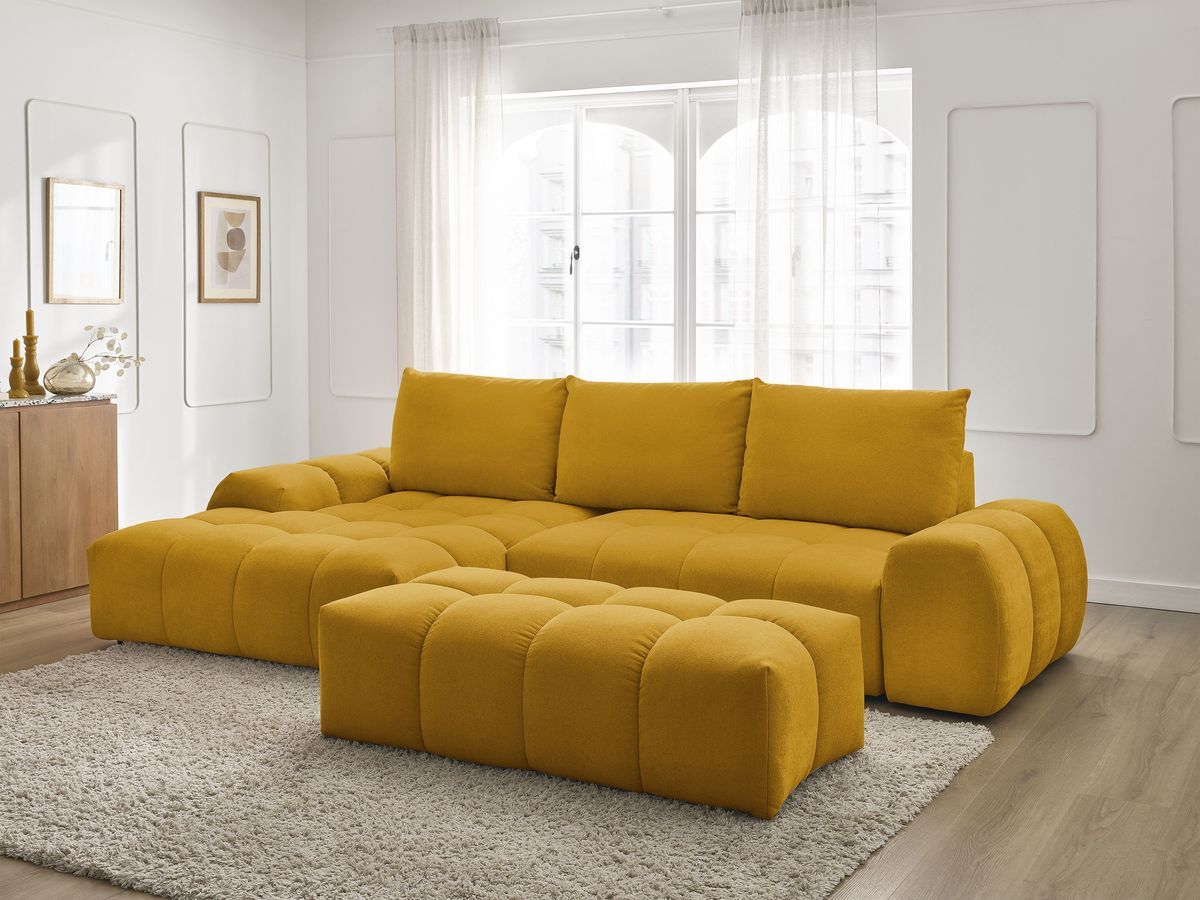 Bobochic Everest Ecksofa mit Schlaffunktion und Bettkasten und Pouf 318 × 180 cm, 3 Kissen Strukturstoff Gelb Ecke links