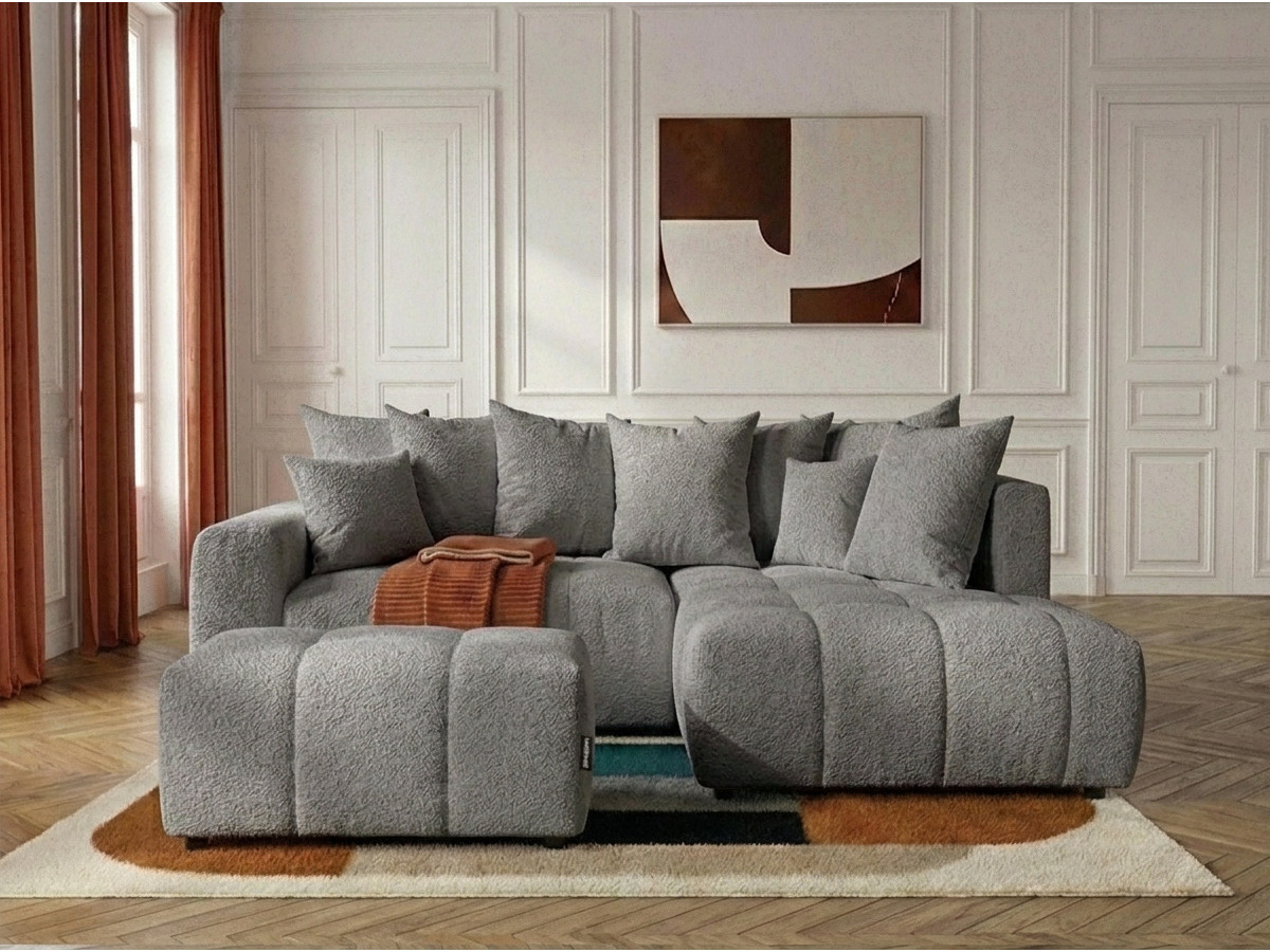 Bobochic Roxelane Ecksofa mit Schlaffunktion und Bettkasten und Pouf Bouclé-Stoff Dunkelgrau Ecke rechts