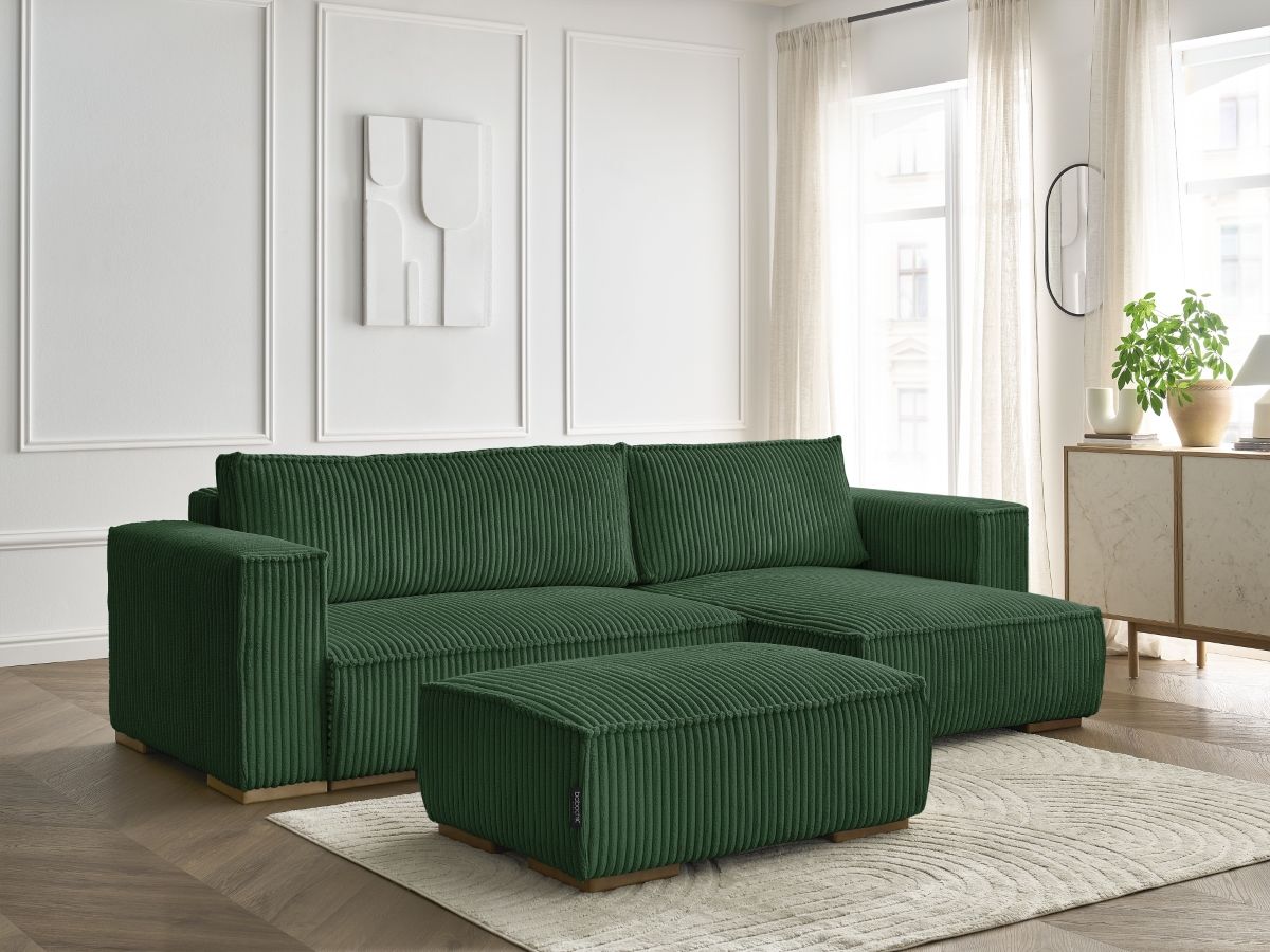 Bobochic Chelsea Ecksofa mit Schlaffunktion und Bettkasten und Pouf Breitcord weich Grün