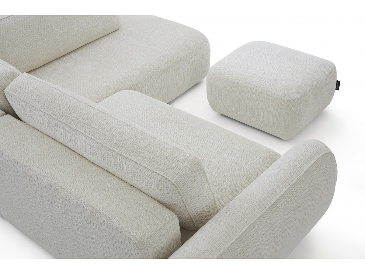 Bobochic Denise Ecksofa mit Schlaffunktion und Bettkasten und Pouf 256 × 197 cm Strukturstoff Weiß Ecke rechts