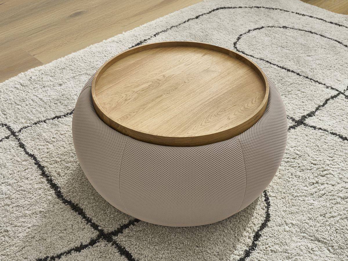 Bobochic Hayden Pouf mit Tablett, rund Mesh-Stoff Taupe, 77 cm