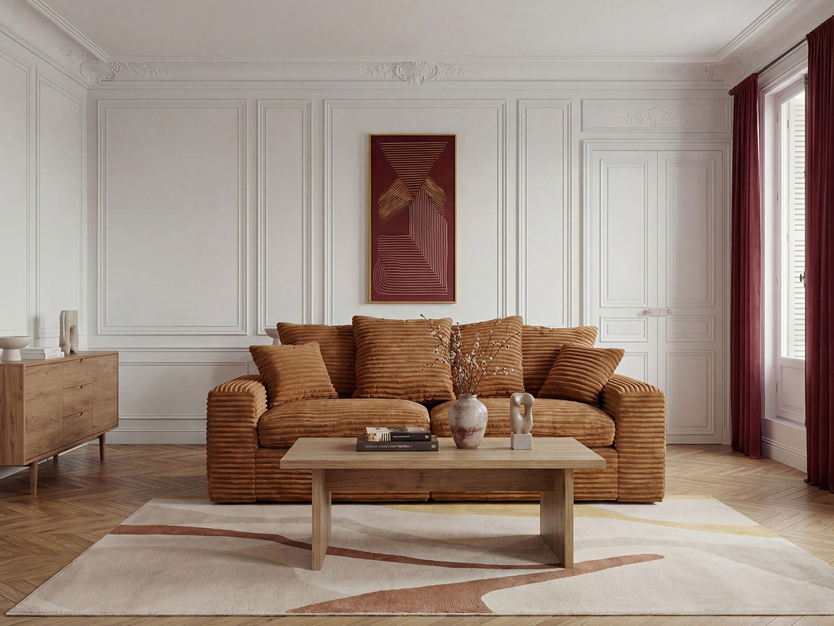 Bobochic Nevada Sofa 2,5-Sitzer Breitcord weich Ockergelb