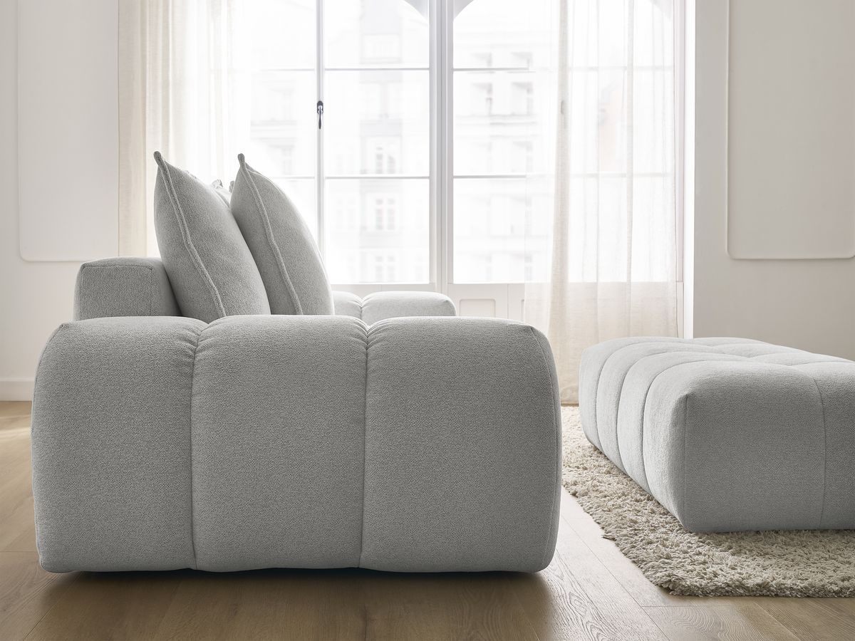 Bobochic Everest Schlafsofa 3-Sitzer mit Bettkasten und Pouf, 5 Kissen Melange-Stoff Hellgrau