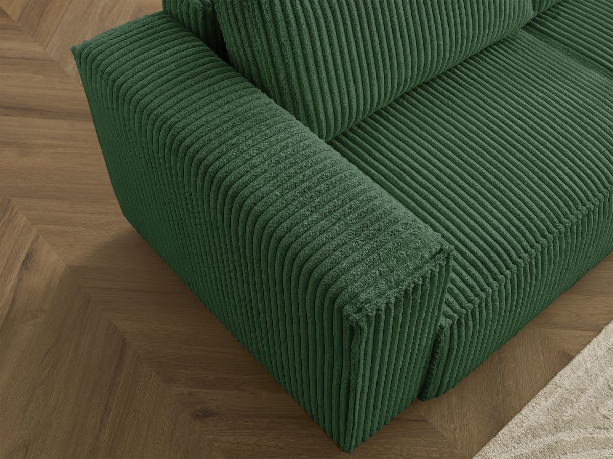 Bobochic Chelsea Ecksofa mit Schlaffunktion und Bettkasten und Pouf Breitcord weich Grün