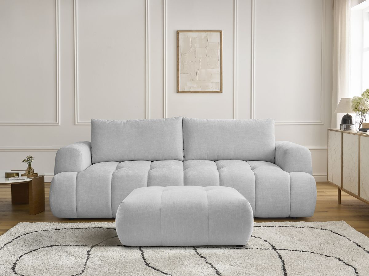 Bobochic Fuji Schlafsofa 3-Sitzer mit Bettkasten und Pouf Stoff Hellgrau