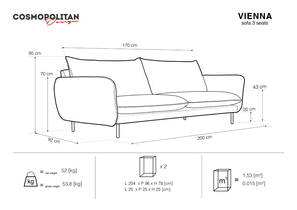 Cosmopolitan Design Sofa Vienna 3-Sitzer Samt Bluvel Helles Beige Beine Gold